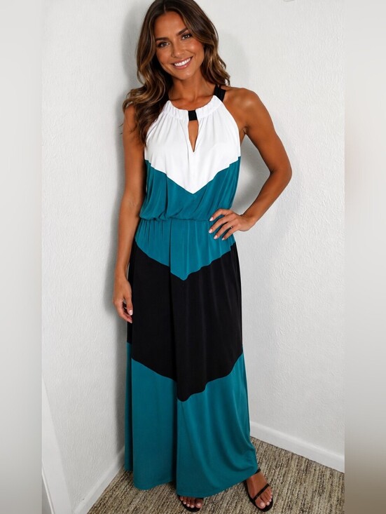 London Times Dresses & Skirts - London Style White, Teal, Black Colorblock Maxi-Dress, Halter Neckline Sz Medium
